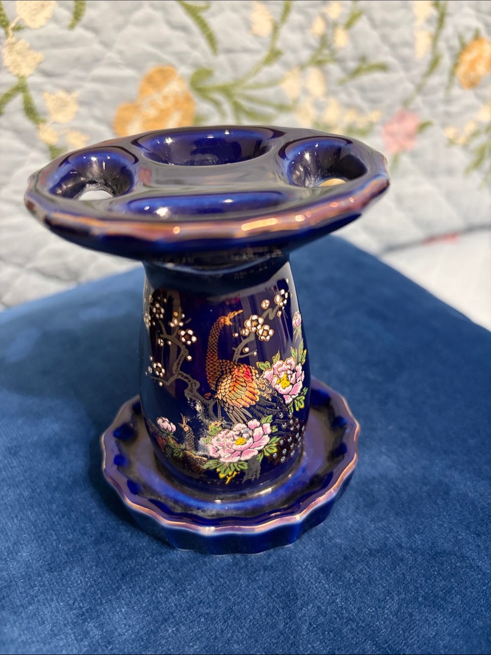Japanese Otagiri Cobalt Porcelain Toothbrush Holder with Floral & Peacock Design